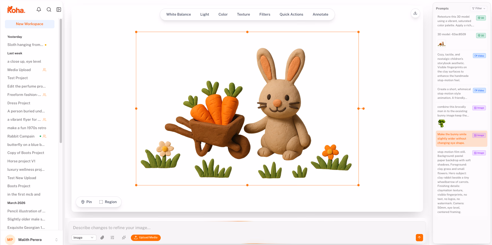 Koha workspace showing AI image generation, editing tools, and pin-based review comments